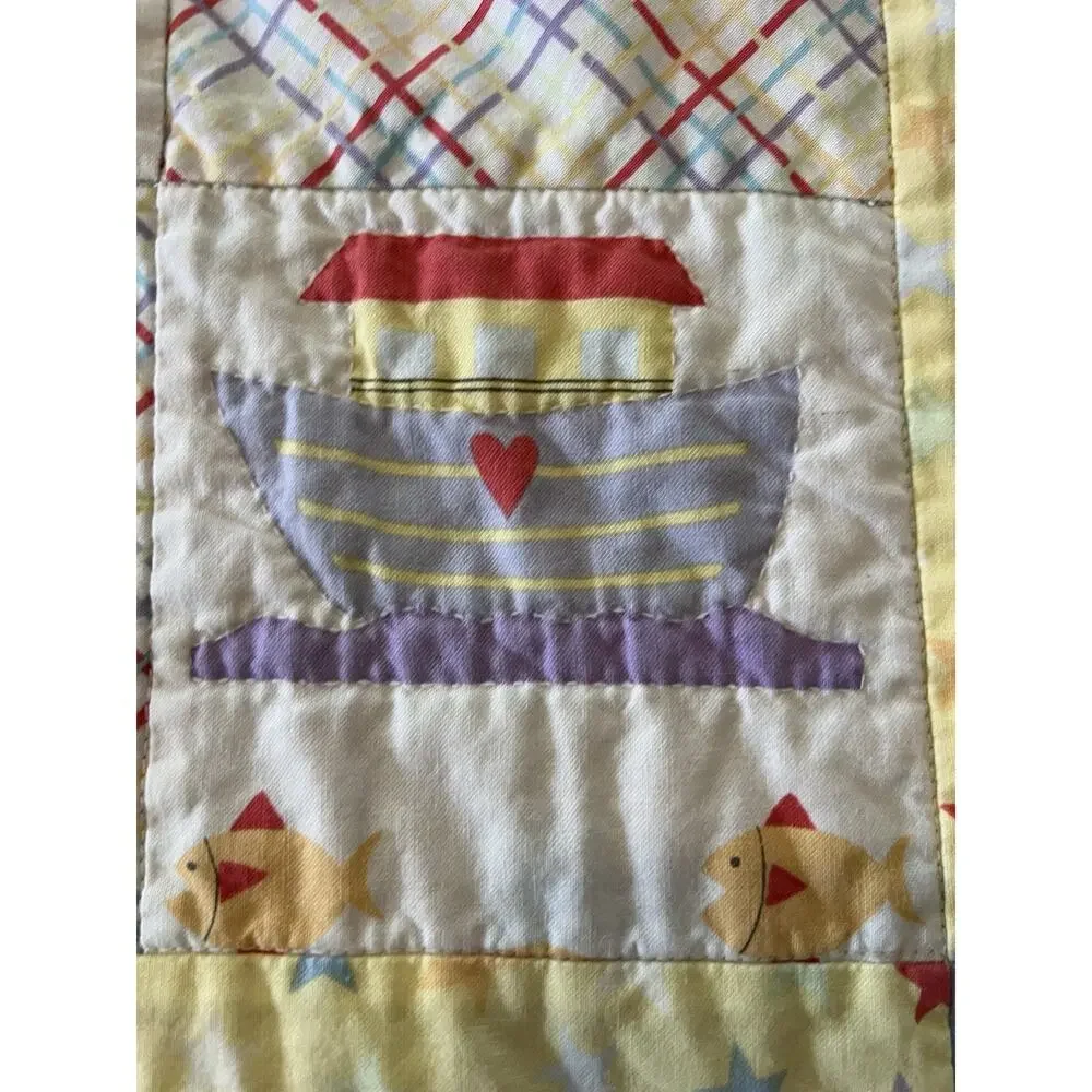 Vintage Handmade Childs Baby Quilt Rainbows Hearts Love Animal Patch Works Cotto